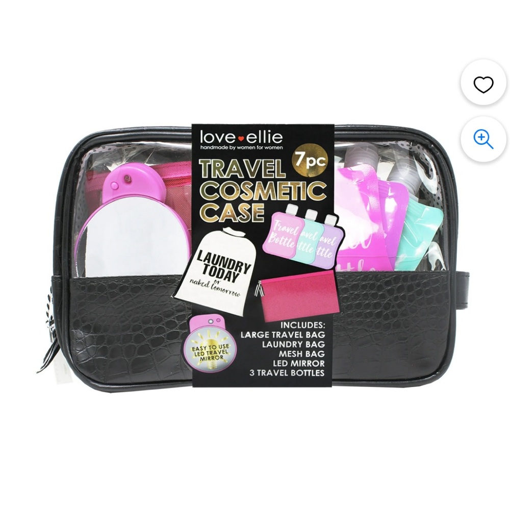 Large travel bag
Laundry bag
Mesh bag
3 travel bottles
Suction cup mirror